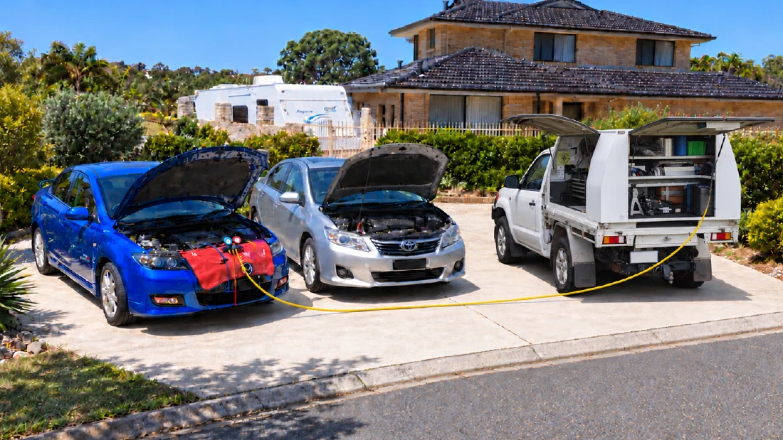 Mobile aircon regas Perth — $99 off two cars | atmechanical | Perth Blue and silver cars with open bonnets beside a mobile aircon service ute on a driveway
