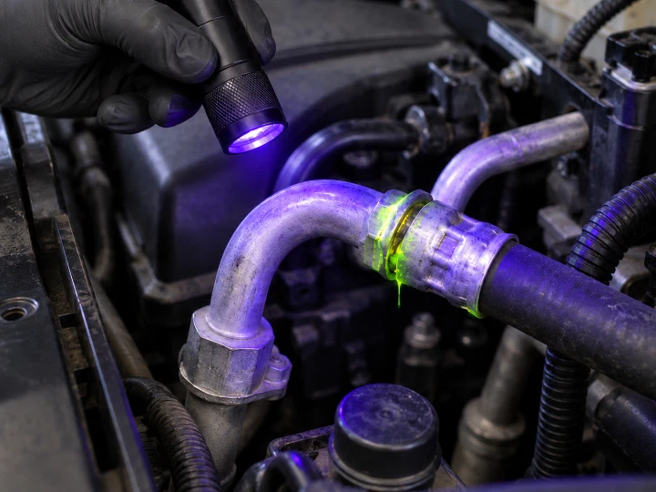Car aircon leak detection Car aircon leak detection: UV torch showing fluorescent dye at a pipe connection