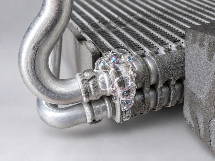 Car aircon leak detection Car aircon leak detection: bubbles at an evaporator pipe connection